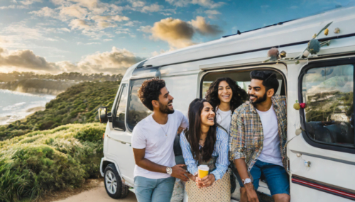 Exotic Car Hire in Melbourne: A group of friends laughing and enjoying a road trip in a spacious van, exploring the scenic coast of Melbourne.